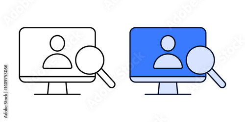 Internal monitoring icon showing a user on screen with magnifying glass, in color and outline style. Suitable for employee tracking, surveillance, or user activity monitoring.