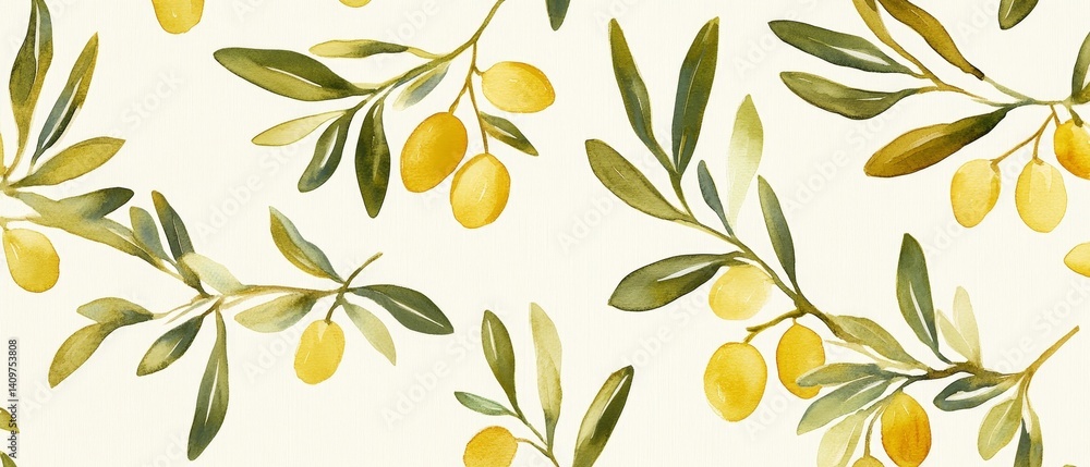 A painting of olive leaves and fruit with a yellow background A painting of olive leaves and fruit with a yellow background
