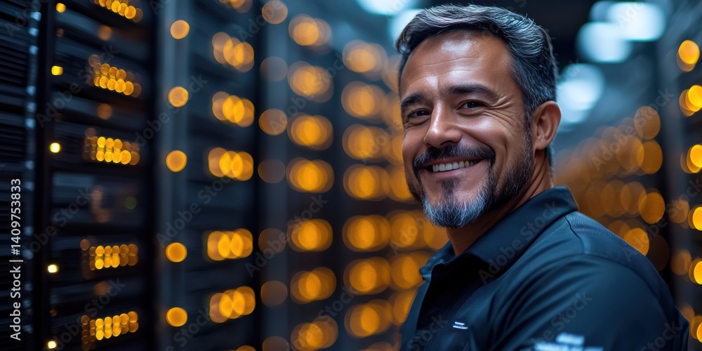 male cloud computing specialist in a data center, wearing a technical shirt