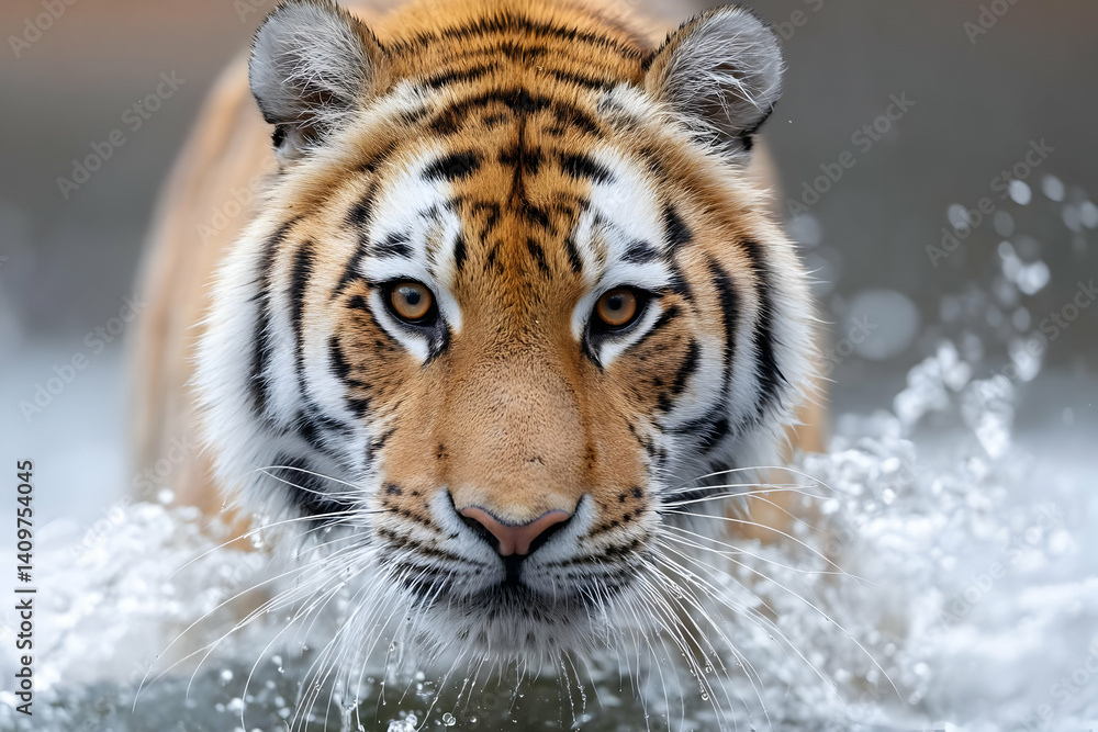 Obraz premium A majestic tiger prowls through shallow water, showcasing its powerful physique and stunning striped coat, exemplifying wild beauty and grace.