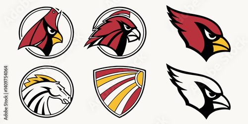 Vector Cartoon Cardinal Bird Mascot Logos Set Horse Shield Designs