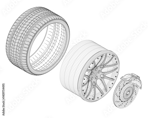 A tire is shown in a close up with the rim and hub. The tire is shown in a 3D drawing. Isometric view. 3D