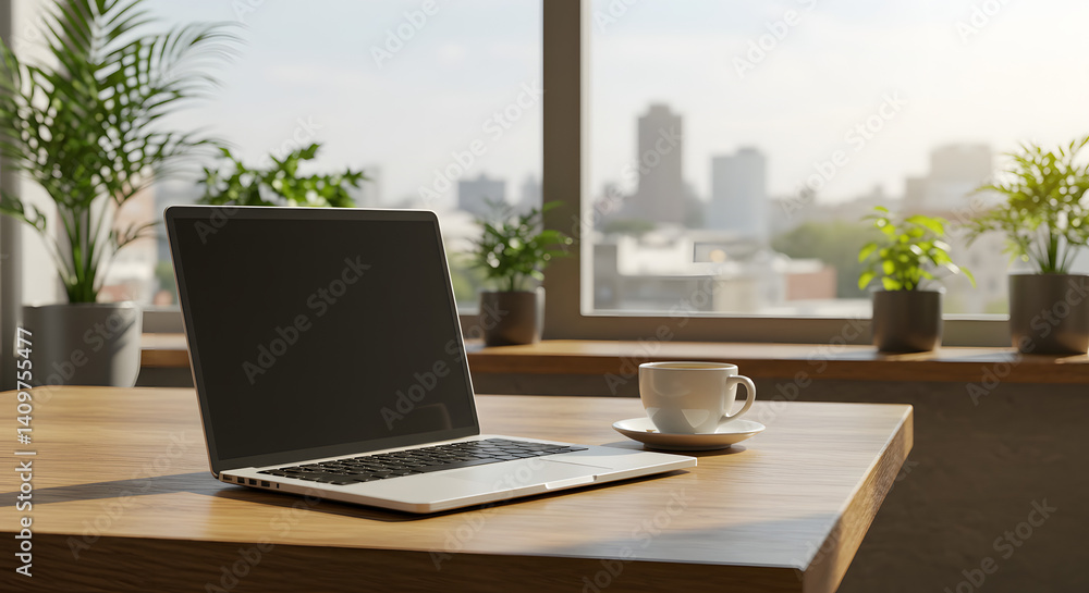 Laptop Workspace: Serene City View, Minimalist Design Laptop Workspace: Serene City View, Minimalist Design