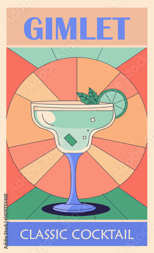 Cocktail retro poster. Gimlet classic cocktail. Popular alcohol drink. Vintage flat vector illustration for bar, pub, restaurant, kitchen wall art print
