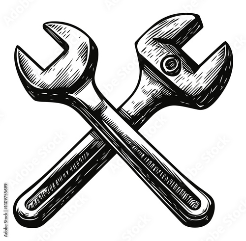 Crossed Wrenches Design in Woodcut Style for Craft and Trade
