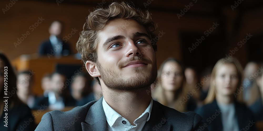 A man in a suit and tie sits in a courtroom