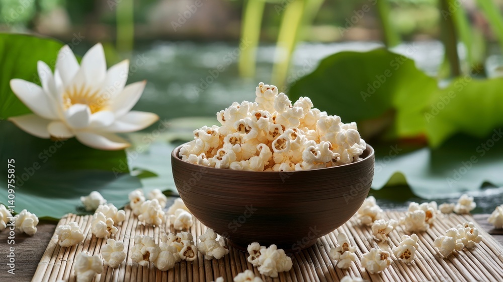 Fresh Popcorn in Wooden Bowl with Flowers and Natural Background Fresh Popcorn in Wooden Bowl with Flowers and Natural Background