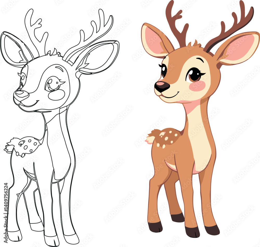 Fototapeta premium Vsai cute baby deer fawn smiling and standing, coloring page included