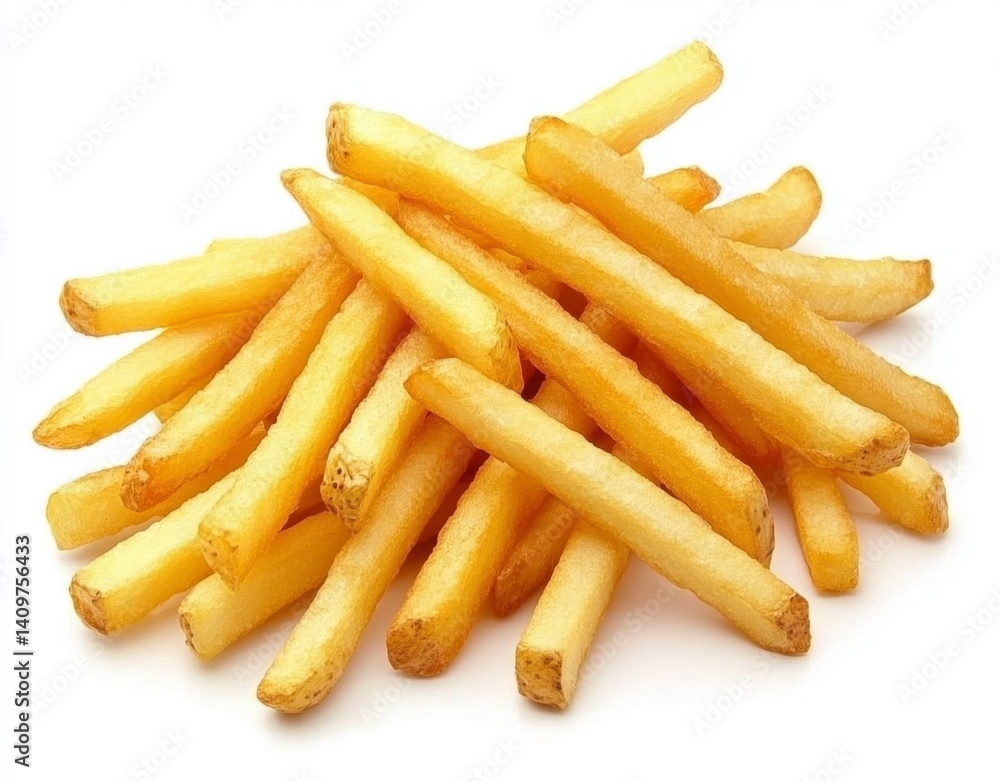 Crispy Golden French Fries Piled Deliciously on a White Background Crispy Golden French Fries Piled Deliciously on a White Background