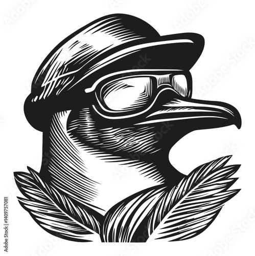 Detailed Woodcut Style Illustration of Bird with Hat and Glasses