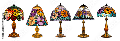 Set of vintage table lamps with floral colorful design. vector art illustrations isolated 