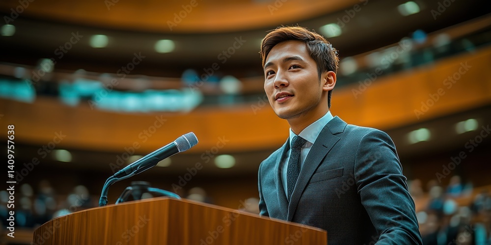 A man stands behind a podium and speaks into a microphone