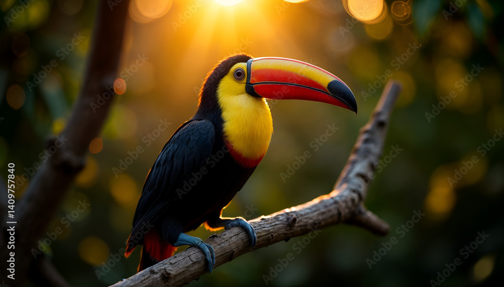 Obraz premium Yellow-billed toucan. Tropical exotic bird sitting on a branch