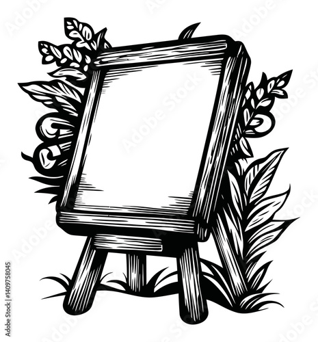 Handcrafted Woodcut Frame Surrounded by Lush Plant Life