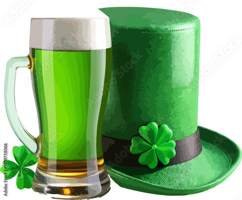 A cold, green beer with white froth in a glass mug celebrates St Patrick's Day