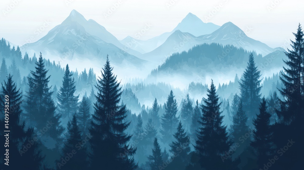 Fototapeta premium Misty mountain forest, tranquil landscape, serene view, peaceful background, nature scene, ideal for travel brochure