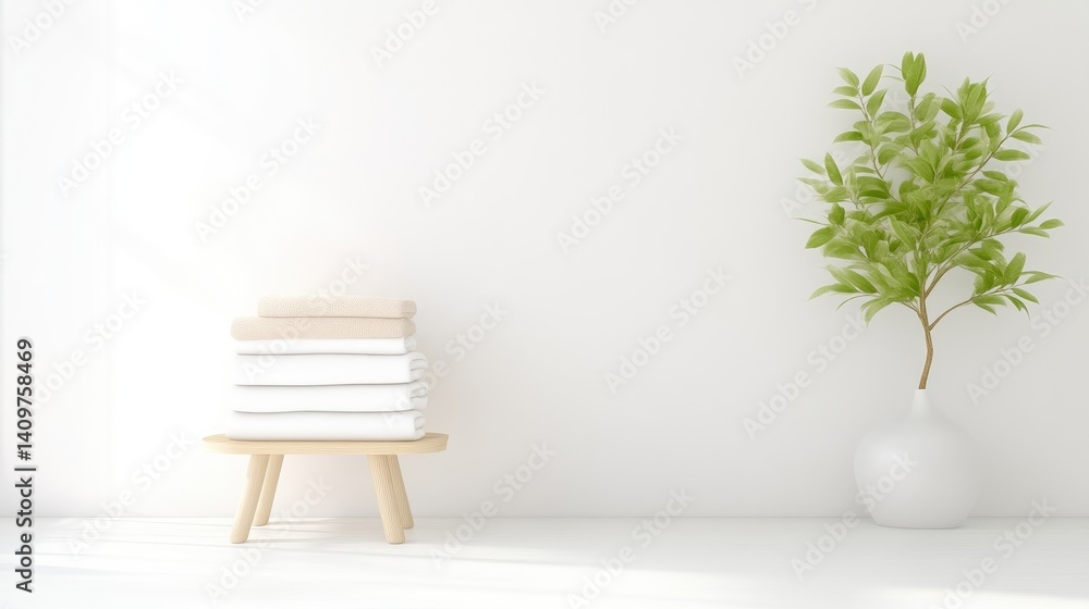 Minimalist interior scene with stack of linens and plant Minimalist interior scene with stack of linens and plant