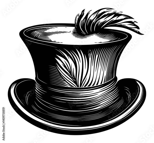 Elegant Vintage Top Hat with Feather in Woodcut Style Design