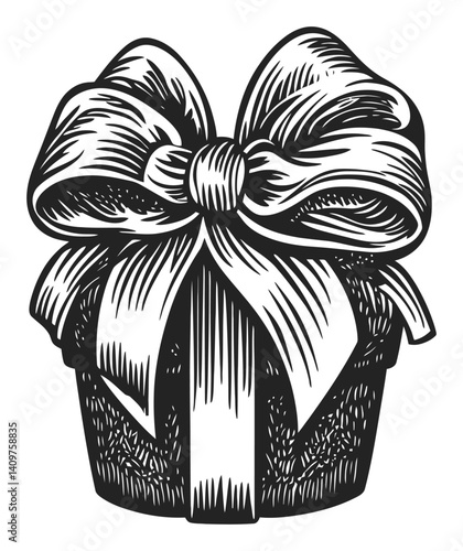 Elegant Woodcut Design of Gift Box with Decorative Ribbon