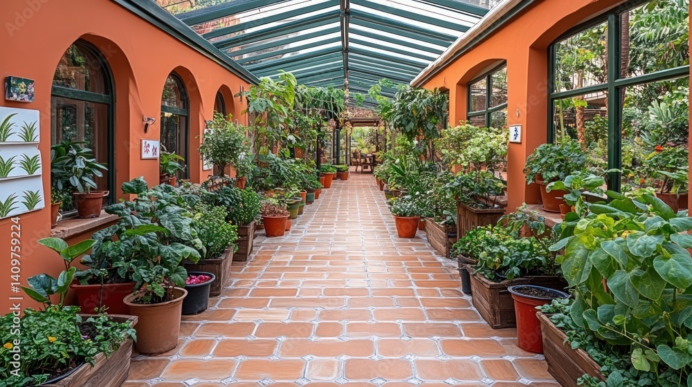 Naklejka premium Indoor garden corridor with potted plants brick floor and glass roof.