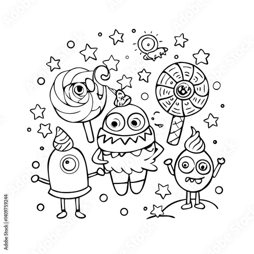 Kids’ coloring page featuring an imaginary world of desserts — cupcakes, lollipops, donuts, and ice cream cones with eyes and arms, outlined in bold cartoon lines, fantasy candyland background