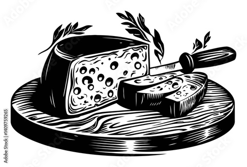 Vintage Woodcut Illustration of Cheese on a Wooden Board