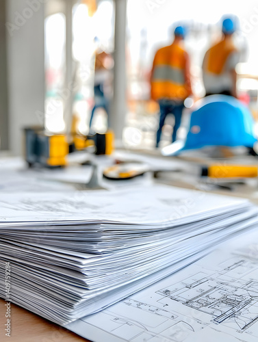 Detailed construction plans and blueprints are stacked on a table, with workers in hard hats discussing plans in the background on a busy construction site.