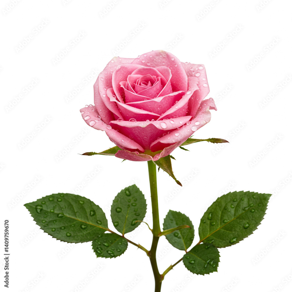 Fototapeta premium Close Up of Pink Rose with Water Beads and Green Leaves 