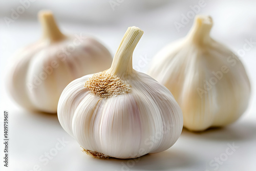 Fresh garlic bulbs arranged beautifully, showcasing their natural texture and color. Perfect for culinary themes, cooking, health, and organic food concepts.