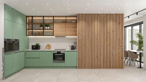 Modern Minimalist Kitchen Interior with Green Cabinets and Wood Panel Wall in Natural Light