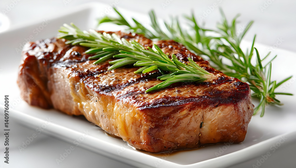 Succulent grilled steak garnished with fresh rosemary on a pristine white plate, showcasing culinary art and delicious flavors for food lovers. Succulent grilled steak garnished with fresh rosemary on a pristine white plate, showcasing culinary art and delicious flavors for food lovers.