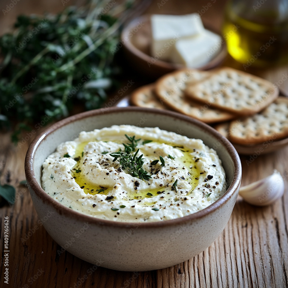 Herbed Cream Cheese Dip in Rustic Bowl with Olive Oil and Crackers – Appetizer Spread on Wooden Herbed Cream Cheese Dip in Rustic Bowl with Olive Oil and Crackers – Appetizer Spread on Wooden
