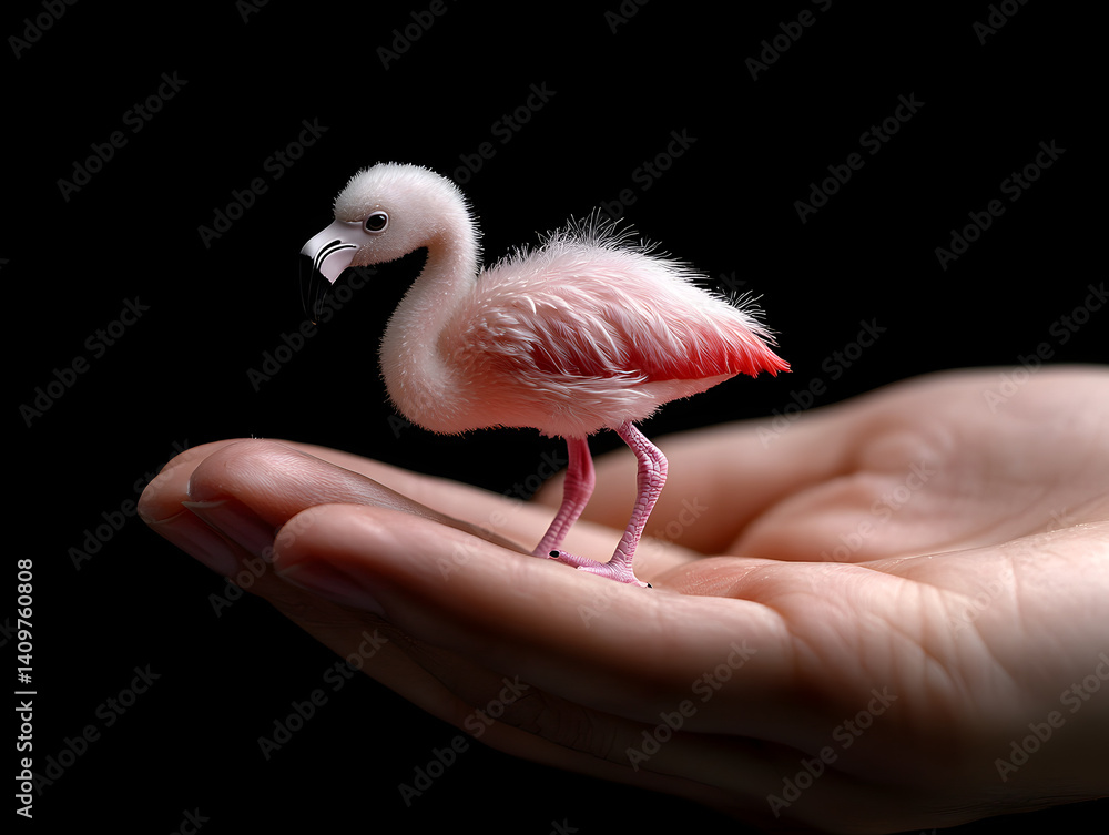 Fototapeta premium Tiny Pink Flamingo Perched Delicately in a Gentle Human Hand