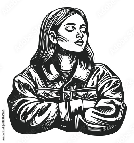 Woodcut Style Portrait of Confident Young Woman with Arms Crossed