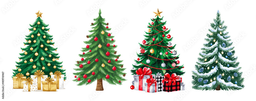 Fototapeta premium Set of Christmas tree flat vector illustrations. Wrapped presents near green spruce decorated. Winter holidays design elements. Traditional Xmas celebration symbols.