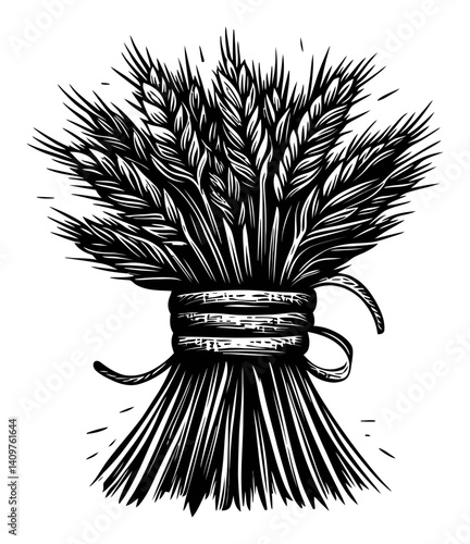 Detailed Black and White Woodcut of Wheat Sheaves in Artistic Style