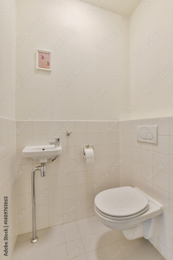Fototapeta premium A minimalist bathroom featuring white tiles, a sleek sink, and modern toilet. The design focuses on simplicity and clean lines in a small space.