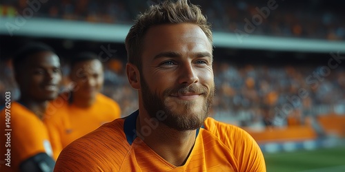 A man with a beard and orange shirt is looking at the camera