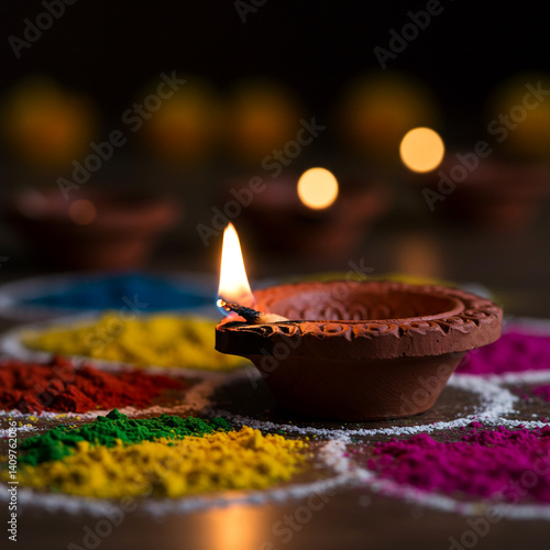 Lit Clay Diya Oil Lamp and ...