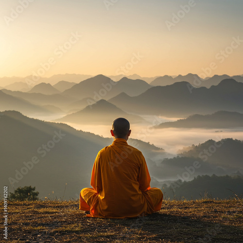 Monk Meditating Over Misty ...