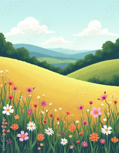 A bright illustration of a spring landscape with colorful wildflowers, rolling yellow hills, green trees and distant blue mountains. Illustration for a children book, postcards, cards. Generated by AI