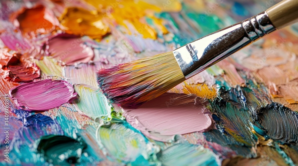 Fototapeta premium Vibrant Palette with Paintbrush Capturing Artistic Creativity