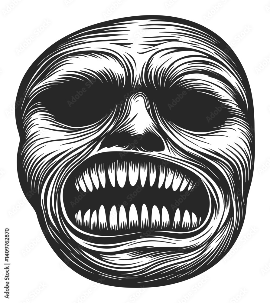 Fototapeta premium Dramatic Woodcut Illustration of a Distorted Face with Sharp Teeth