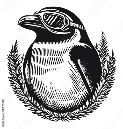 Penguin in Goggles Surrounded by Leaves in Woodcut Style Illustration