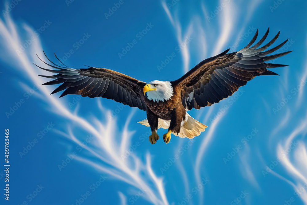 Obraz premium Bald eagle with outstretched wings soaring against a vibrant blue sky, showcasing powerful flight and freedom. Symbol of strength and independence in natural wildlife.