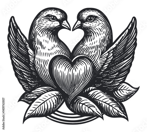 Vintage Woodcut of Two Birds with Heart and Leaves Design