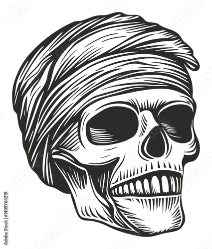 Skull Design with Turban in Detailed Woodcut Style Artwork