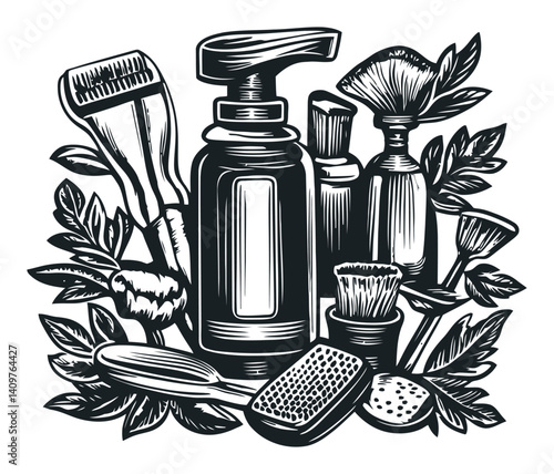 Vintage Woodcut Illustration of Hair Styling Tools and Accessories