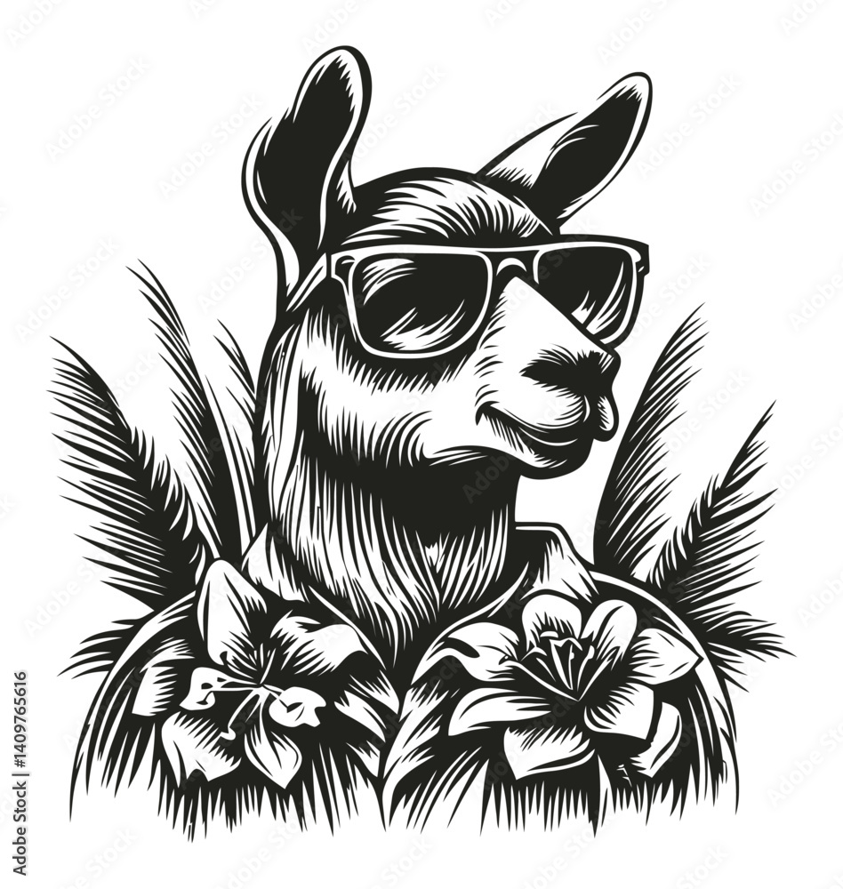 Fototapeta premium Stylish Llama in Sunglasses with Tropical Flowers and Leaves Design