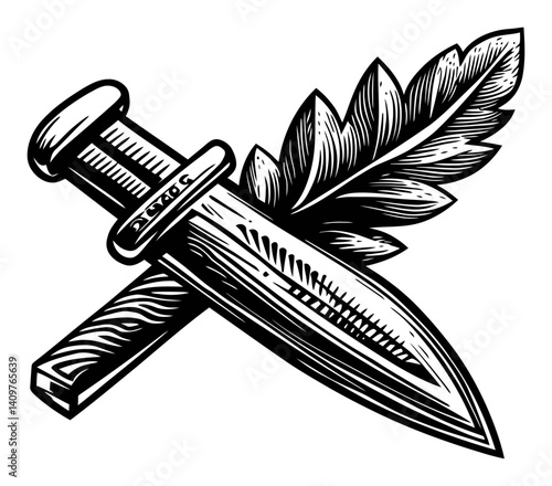 Exquisite Woodcut Style Dagger Design with Leaf Motif